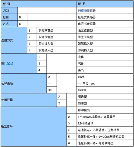 遠(yuǎn)傳壓縮空氣流量計(jì)型譜選擇對(duì)照表